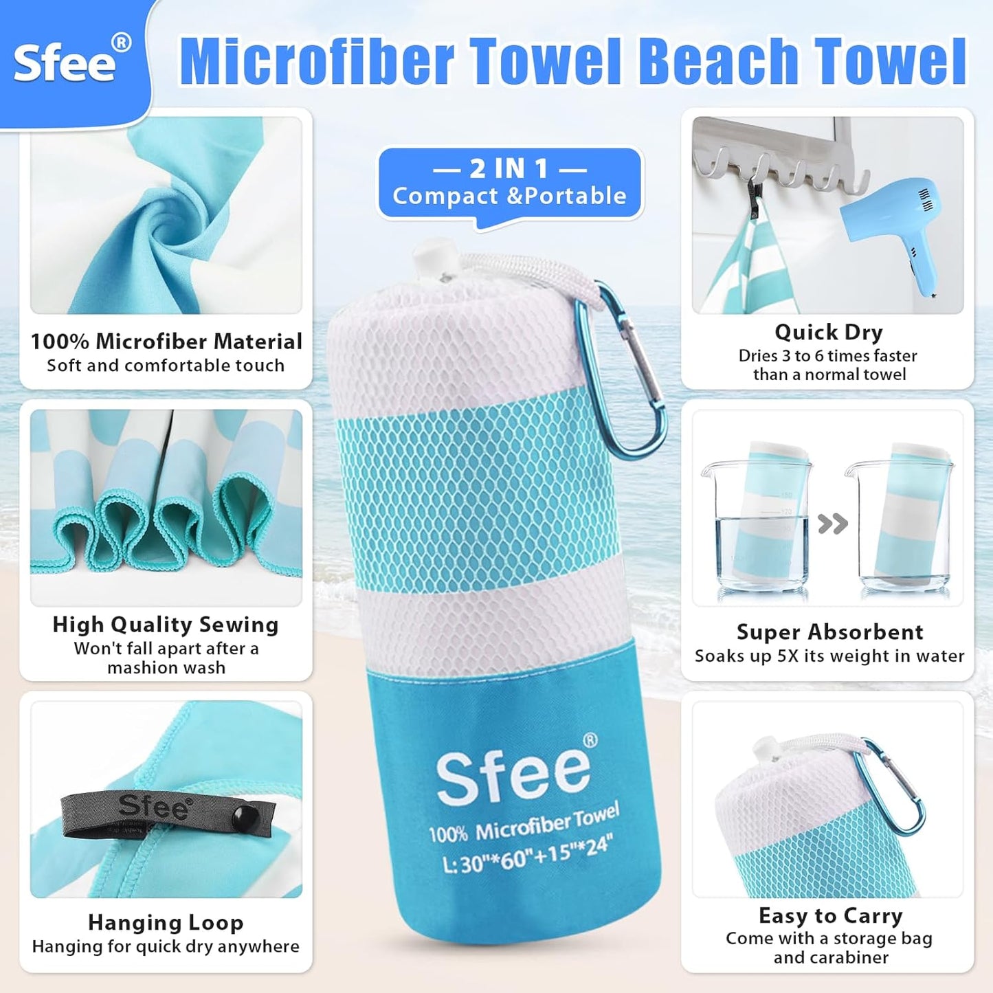 Sfee 2 in 1 Microfiber Beach Towel, Quick Dry Towel Camping Towel Travel Towel Super Absorbent Compact Lightweight Sports Gym Towels Set for Beach, Gym, Hiking, Pool, Backpacking, Bath, Yoga