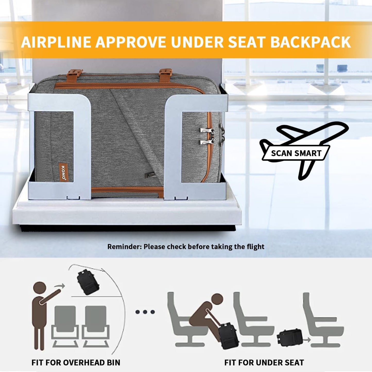 Kono Carry on Backpack, 16" Airplane Approved Under Seat Travel Backpack for Men and Women, Waterproof Lightweight Daypack for Flight 20L (Grey/Brown, Small)