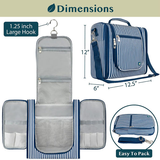 PAVILIA Extra Large Toiletry Bag Travel Bag for Women Men, Hanging Cosmetic Organizer, Water Resistant Makeup Bag for Accessories Toiletries, Travel Essentials Kit (Stripe Navy)