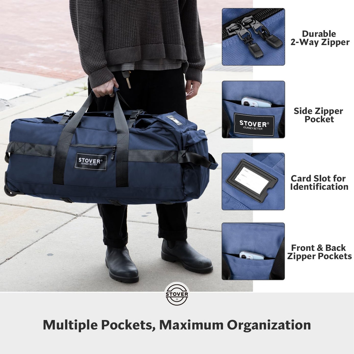 STOVER 80L Rolling Duffel Bag with Wheels, Large 31 Inch Durable Travel Duffle + Toiletry Bag, Heavy Duty, Packable, Foldable w/Shoulder Straps- Use as Luggage or Backpack, Men/Women (Blue)