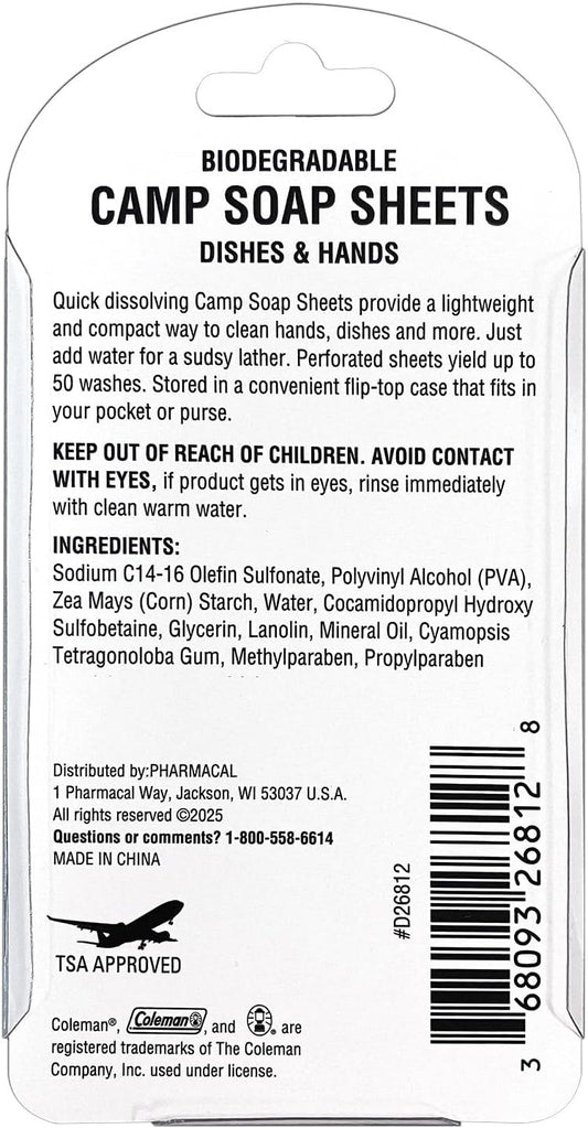Coleman Camp Soap Sheets – 25 Travel Soap Sheets for Camping, Hiking & Backpacking – Perforated for 50 Washes, Dissolves Instantly in Hot or Cold Water, TSA-Approved for Travel