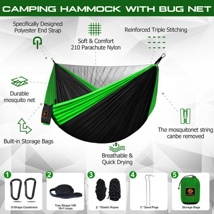 Camping Hammock, Portable Hammocks with Mosquito Net,Lightweight Nylon Parachute Hammock with 10ft Tree Straps,Camping Gear Must Haves for Travel Hiking Backpacking Beach Patio Black& Green