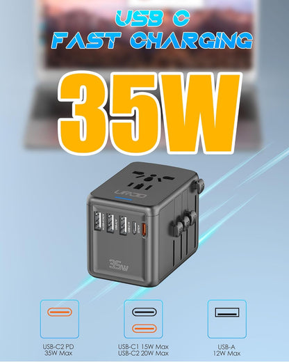 Universal Travel Adapter 35W PD Fast Charging Offers 3 USB-A Ports, 2 USB-C Ports and Multi AC Outlet, International Plug Adapter Worldwide Travel Charger All in One for EU US UK AUS