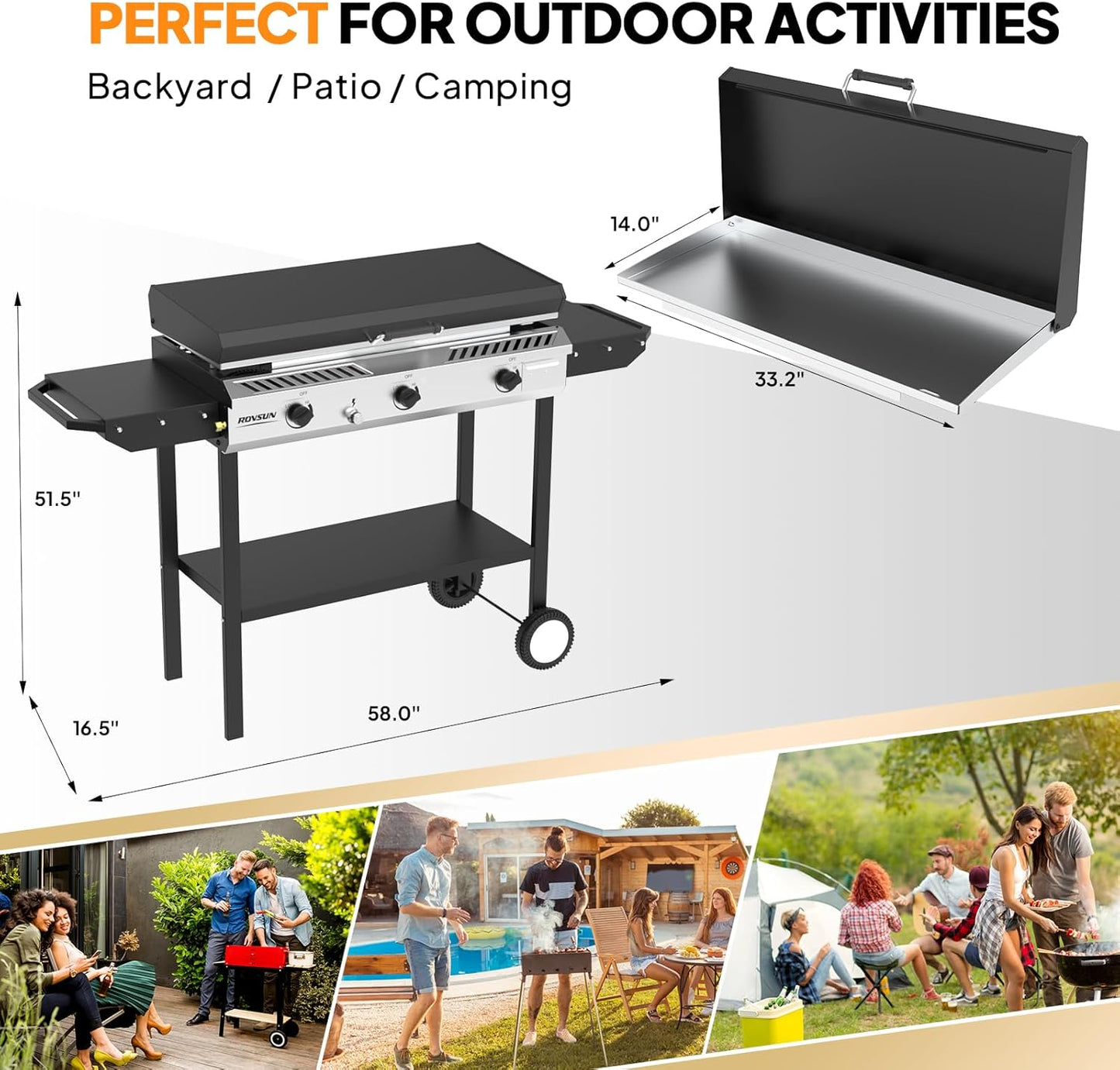 ROVSUN 3 Burner Outdoor Propane Gas Stove with Griddle, Ignition & Side Shelves, 225,000 BTU Powerful Gas Stove Outdoor Cooker for Backyard Patio Cooking Home Camping Grilling Canning Turkey Frying