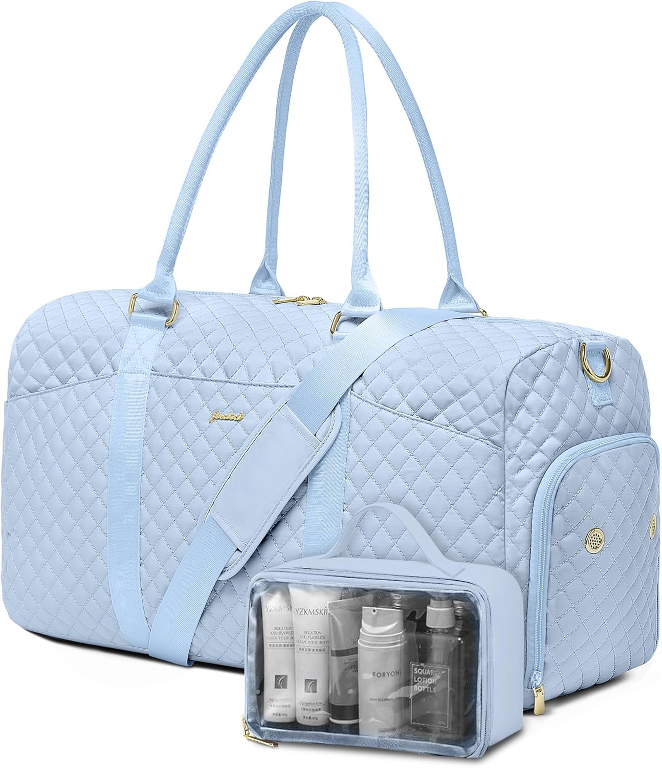 Women Duffle Weekender Travel Bag: Large Duffel Bags with Shoe Compartment Carry On Overnight Tote with Wet Pocket Traveling Weekend Gym Yoga Hospital Bag for Womens Light Blue