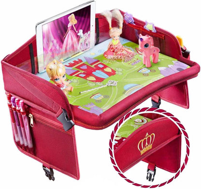Coolmum Kids Travel Tray, Toddler Car Seat Tray, Double Sided Activity Organizer, Snack Lap Tray, Baby Stroller Table, Airplane Play Table, Waterproof and Foldable (Premium Red)