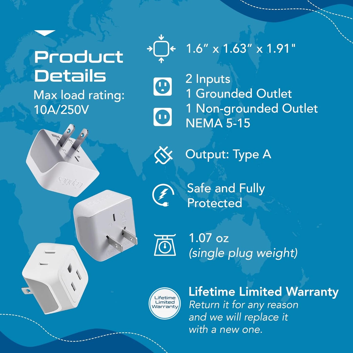 Japan, Philippines Travel Adapter Plug by Ceptics - USA 3 Pin Polarized to 2 Prong Unpolarized - Type A (3 Pack) - Dual Inputs - Ultra Compact - Perfect for Cell Phones, Tablet, Camera Chargers (CT-6)