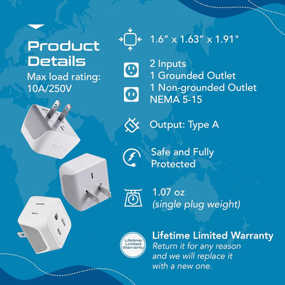 Japan, Philippines Travel Adapter Plug by Ceptics - USA 3 Pin Polarized to 2 Prong Unpolarized - Type A (3 Pack) - Dual Inputs - Ultra Compact - Perfect for Cell Phones, Tablet, Camera Chargers (CT-6)