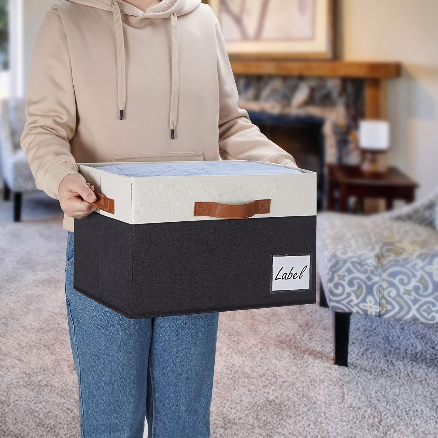 Large Storage Bins with Lids, Foldable Fabric Storage Baskets with Lids, Sturdy Storage Boxes with Labels and 3 PU Handles for Closet Home Bedroom Office (3 Packs, Black&White)