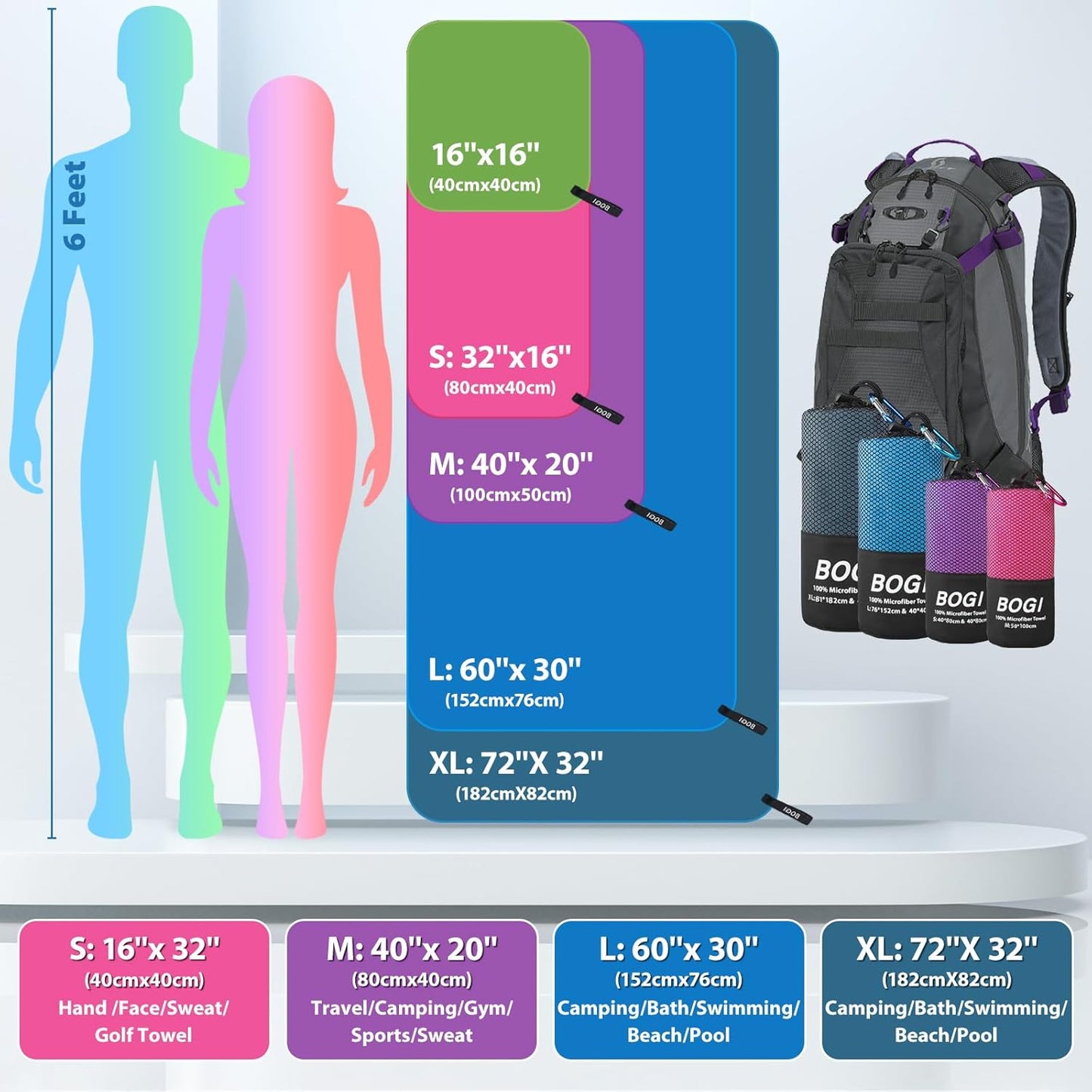 BOGI Microfiber Travel Sports Towel-Quick Dry Towel, Soft Lightweight Microfiber Camping Towel Absorbent Compact for Camping Gym Yoga Swimming Backpacking (L:60''x30''+16''x16''-Black)