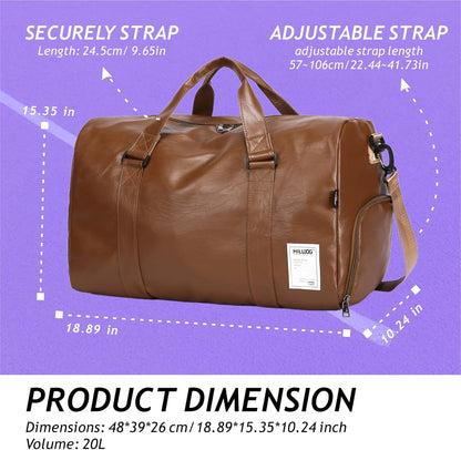 Leather Sports Gym Tote Bag with Shoes Compartment & Wet Pocket, Travel Duffel for Men & Women, Shoulder Weekender Overnight Bag for Yoga, Pilates, Swimming