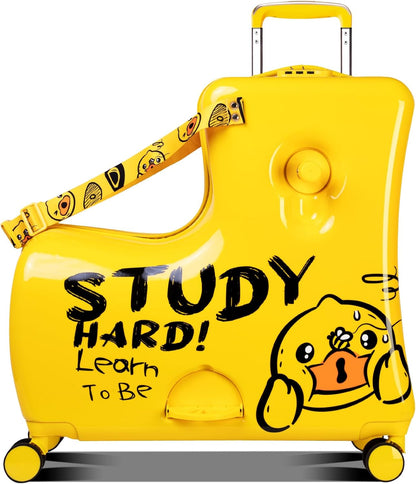 Kids' Lightweight Ride on Luggage with Spinner Wheels & Foldabe Design (Yellow Study, 24"+ Aged 3-12 Toddler)