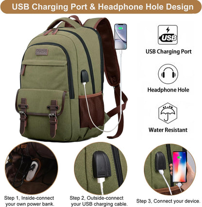Mactso Canvas Travel Laptop Backpack for Men Women, Business Work Rucksack College School Computer Bag Fits 15.6 Inch Notebook,Bookbag with USB Charging Port (Green, 15.6 Inch)