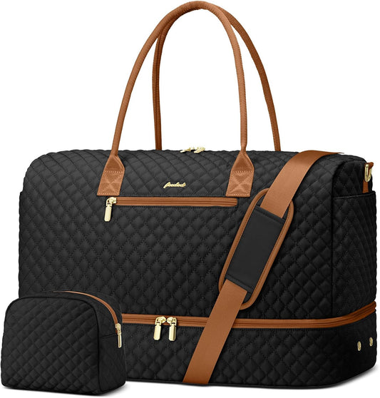 Travel Bag Weekender Bags for Women - Carry on Overnight Bag with Shoe Compartment Duffle Bag with Laptop Pocket Hospital Bag for Labor Delivery Gym Tote Bag with Toiletry Bag Black Brown