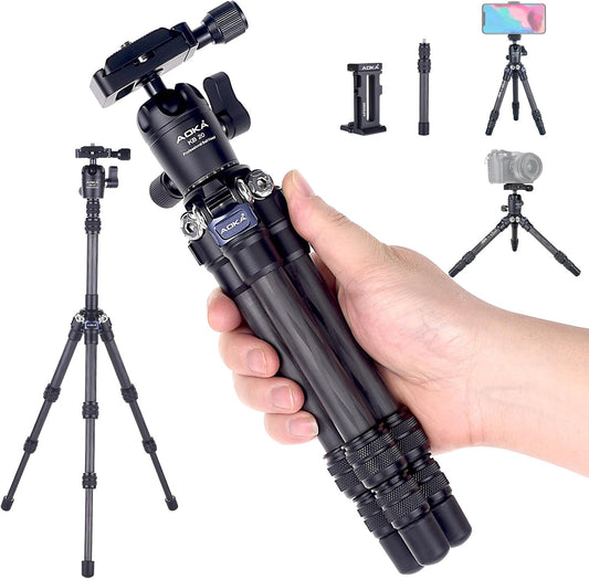 AOKA 15.75in/0.99lb Mini Carbon Fiber Tripod, Compact Pocket Travel Tabletop Tripod Stand for Phone, SLR, Digital Camera,Projector, Webcam, with Metal Phone Mount & Extended Center Shaft Rod