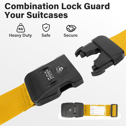 Luggage Straps, Yellow TSA Approved Luggage Strap Belt with Combination Lock for Suitcases, 2 Pack Adjustable Heavy Duty Cross Suitcase Straps with Name Tags for Travel, Carry On Bags, Protect Luggage