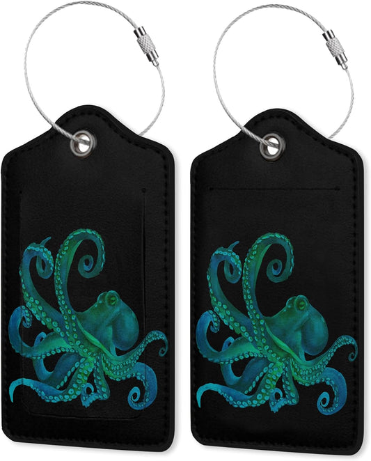 2 Pack PU Leahter Luggage Tag with Stainless Steel Loop,Green Octopus Luggage Tag Travel Suitcase Labels with Privacy Cover ID Label Quickly Spot for Bags & Baggage