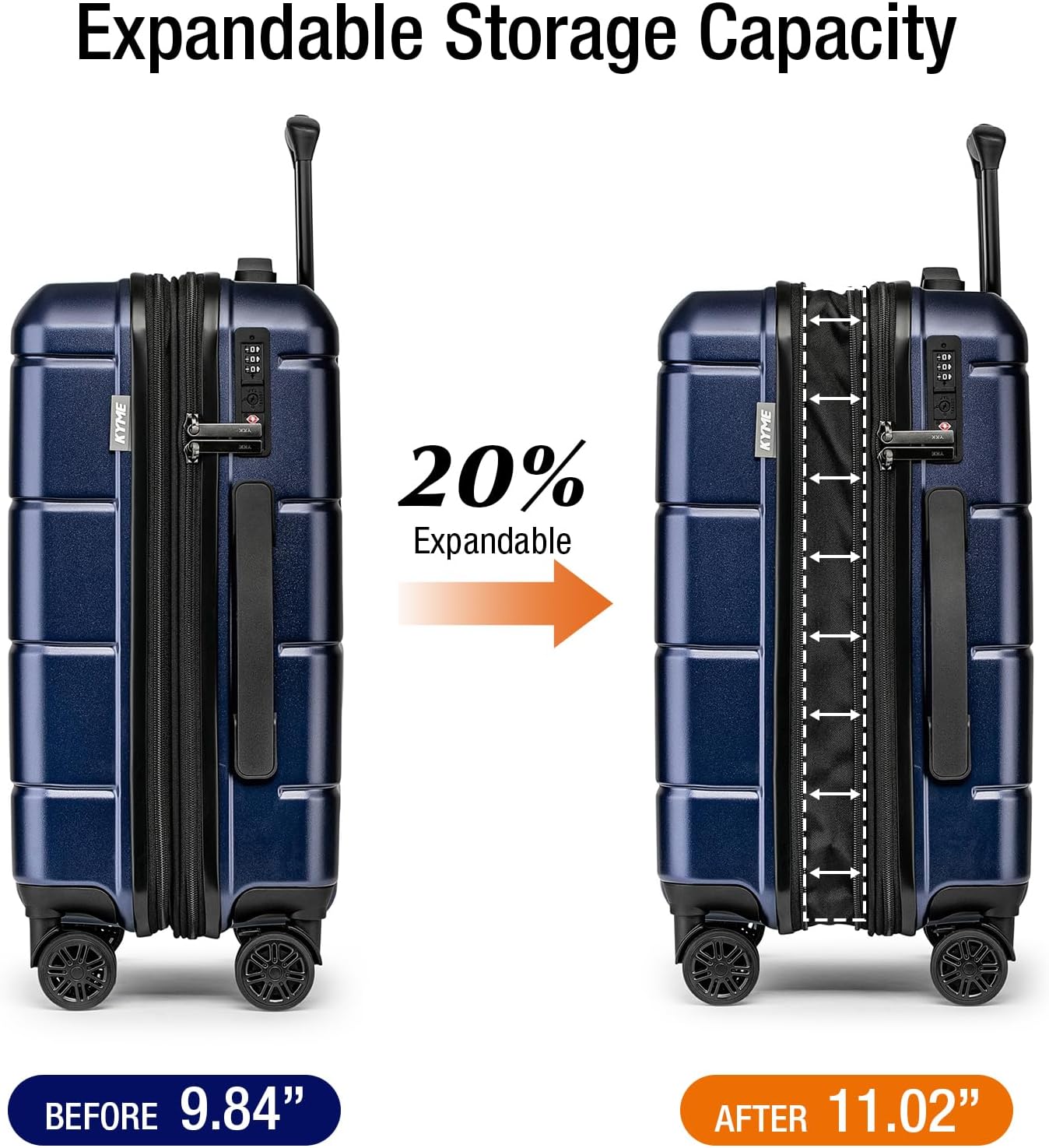 KYME Hardside Expandable Carry On Luggage 22x14x9 Airline Approved 20 Inch Hardshell Carry On Suitcase with Wheels TSA Lock Small Travel Rolling Luggage with Cup Holder for Women Men Navy