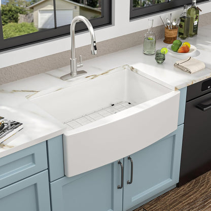 33 White Farm Sink - Fulorni 33"x21" Farmhouse Kitchen Sink Curved Apron Front Ceramic Porcelain Fireclay Single Bowl Farmer Style Basin
