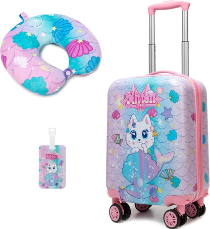 Cute Cat Kid’s Luggage Set 2 Piece Suitcase Set 16" Hardside Luggage with Spinner Wheels Girls Carry on Toddler Travel Rolling Luggage Airline Approved