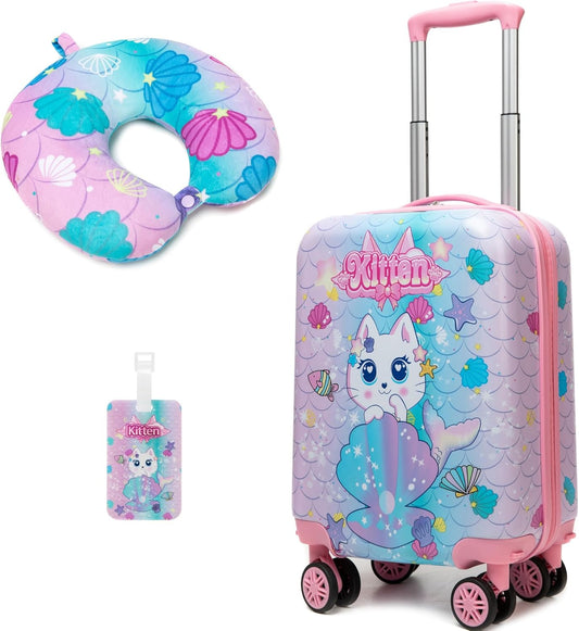 Cute Cat Kid’s Luggage Set 2 Piece Suitcase Set 16" Hardside Luggage with Spinner Wheels Girls Carry on Toddler Travel Rolling Luggage Airline Approved