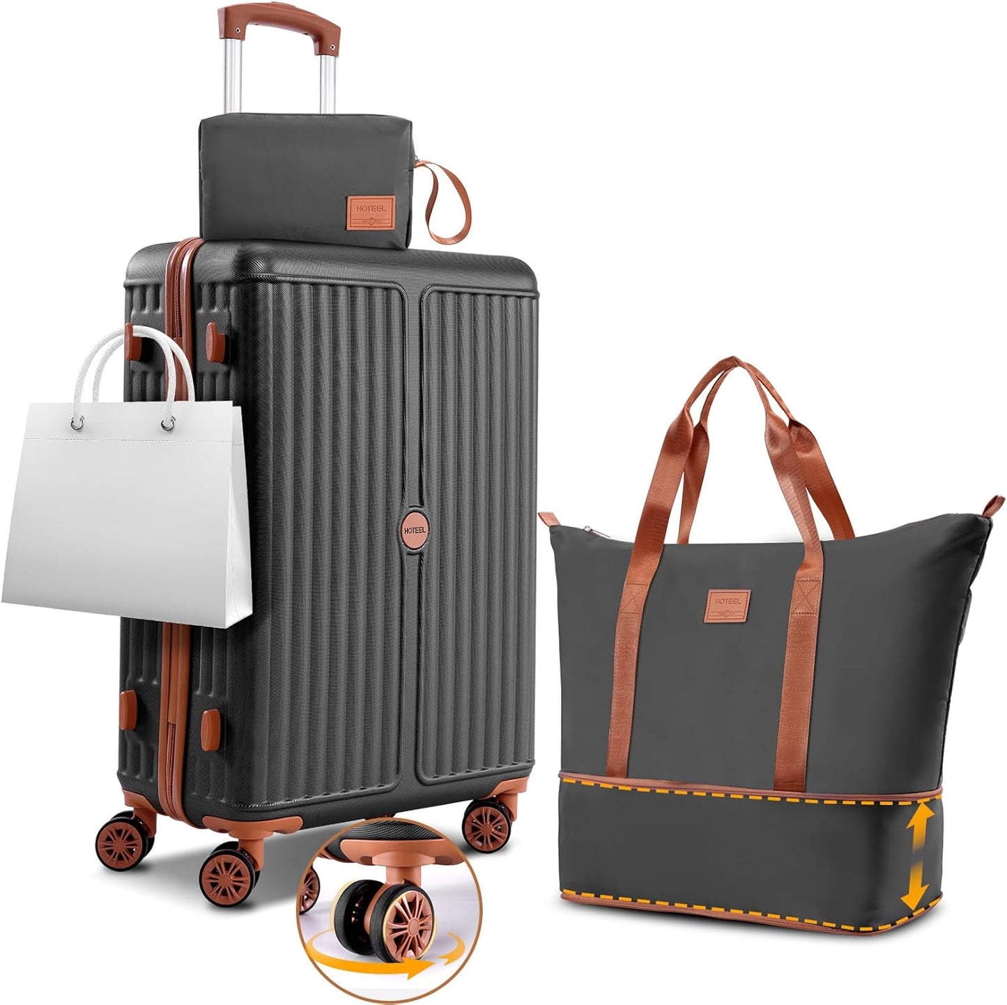 Hoteel 3 Piece Luggage Set with Spinner Wheels (4-YEAR WARRANTY), Carry on Luggage for Travel with TSA Lock, Hardshell ABS+PC Suitcase Set, 20" Suitcase + Expandable Duffel Bag + Cosmetic Bag(Black)