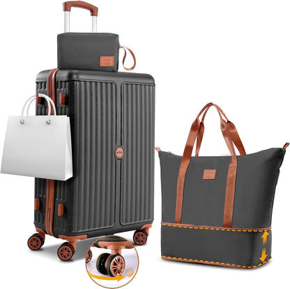 Hoteel 3 Piece Luggage Set with Spinner Wheels (4-YEAR WARRANTY), Carry on Luggage for Travel with TSA Lock, Hardshell ABS+PC Suitcase Set, 20" Suitcase + Expandable Duffel Bag + Cosmetic Bag(Black)