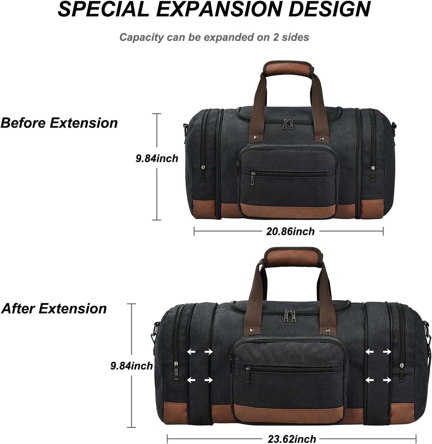 Litvyak Duffle Bag for Travel, 50L Canvas Travel Duffel Bags Overnight Weekend Gym Carry On Luggage Bag for Men & Women(Black)