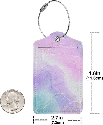 Pink Luggage Tags 2 Pack for Girls Women, Watercolor Light Purple and Cyan Blue Background Leather Suitcase Tags Identifiers, Cute ID and Name Labels with Privacy Covers for Backpack Travel Bag