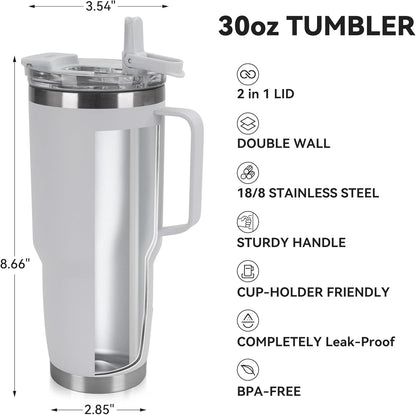 30oz Tumbler with Handle, Insulated Leak Proof Coffee Travel Mug with Straw Lid Double Wall Stainless Steel Vacuum Tumblers Metal Cup Keep Hot and Iced Drink for Gym, Office, Camping, White 1 Pack