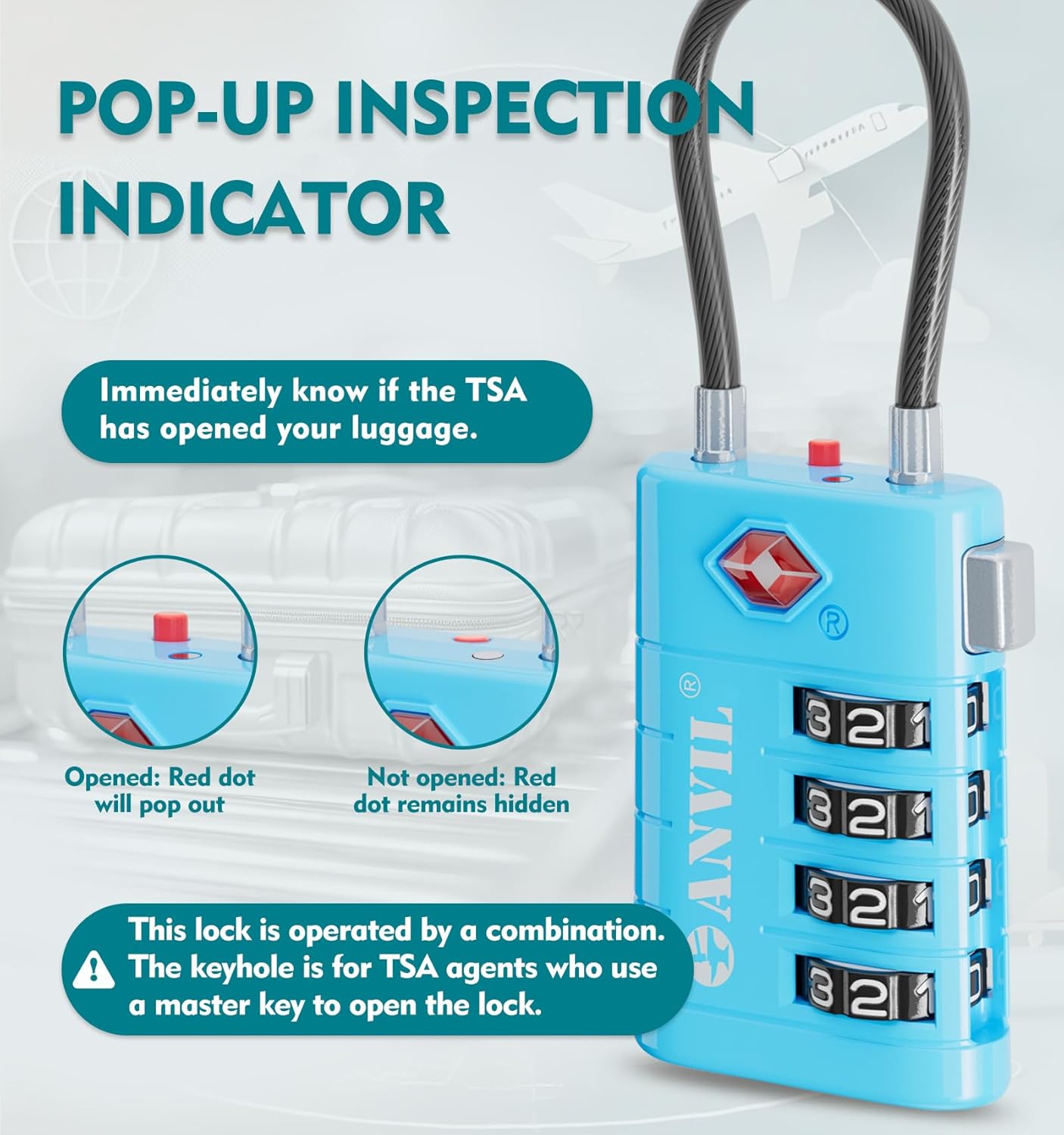 ANVIL 4 Digit Luggage Locks, TSA Locks for Luggage, Advanced TSA008 core, Alert Indicator for Your Travel Lock, Suitcase Lock. (2, Blue)