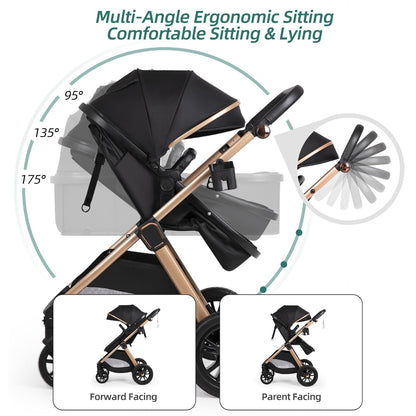6-in-1 Convertible Baby Stroller with Bassinet Pushchair - Folding Infant Newborn Stroller w/Footmuff, Rain Cover, Cup Holder & Large Storage, Toddler w/All-Scene Large Wheels, Reversible Seat(Black)