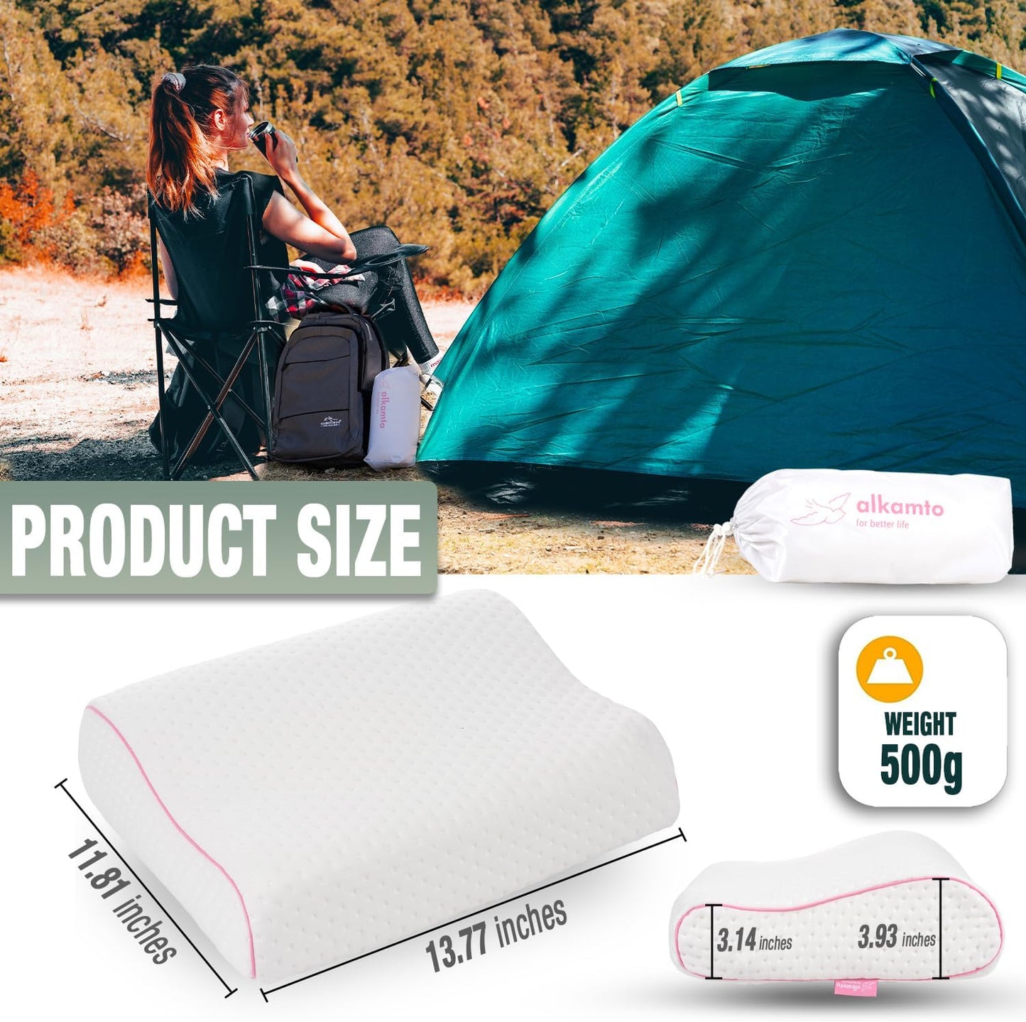 Travel & Camping Comfortable Memory Foam Pillow – Easy to Carry Portable Bag – Temperature Regulating Pillow Case (Pink Contour + Extra Cover)