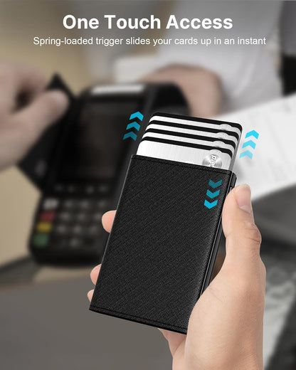 typecase Mens Wallet Card Holder: Pop Up Aluminum Case, Genuine Leather, Smart, RFID Blocking, Slim, Minimalist, Front Pocket - 9-14 Card Capacity | ID Window | Cash Slot (Cross Black)