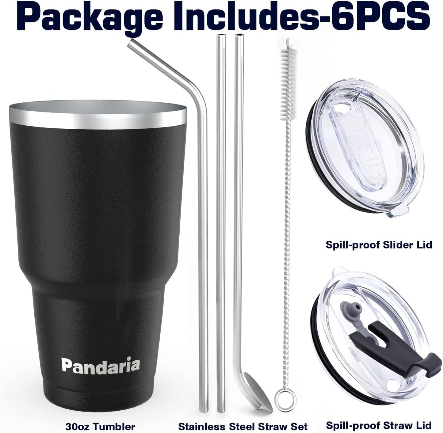 30 oz Travel Coffee Tumbler Cup, Double Wall Stainless Steel Reusable Spill Proof Tumbler with Straw, Leak Proof Insulated Tumbler with Straw for Iced Coffee, Tea & Water (Black)