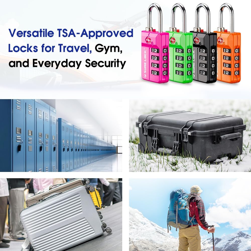 SURE LOCK TSA-Approved 4-Digit Resettable Combination Luggage Lock with Open Alert, Easy-Read Dials - for Luggage, School Lockers, Gym, Office, Toolbox & Security Cases (Purple 2 Pack)