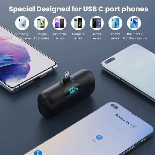[2-Pack] Mini Portable Charger 5000mAh Power Bank,3A PD USB C Cell Phone Portable Power, LCD Display Battery Pack Compatible with iPhone 16/15/15 plus/15 pro/15 pro Max/Android/Samsung/Moto/LG etc