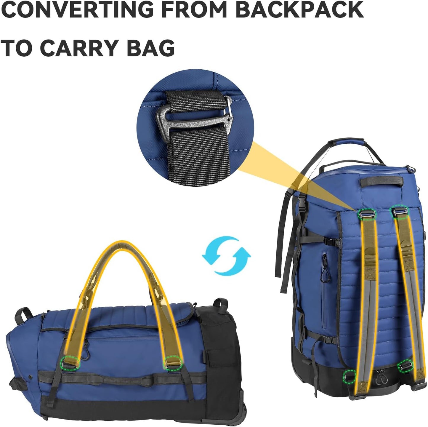 85L 29“ Foldable Rolling Backpack with Wheels, Soft-Side Travel Duffle Bag with Separate Shoe Compartment, Full Quilted Bottom, Navy Blue