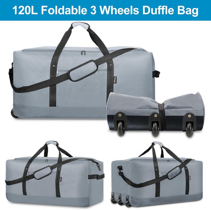 Finnhomy 120L Foldable Rolling Duffel Bag with 3 Wheels, Light Weight Travel Duffel bag with Large Loading Capacity, 32 inch Rolling Duffel bag with Shoulder Strap for Travel Camping Sports