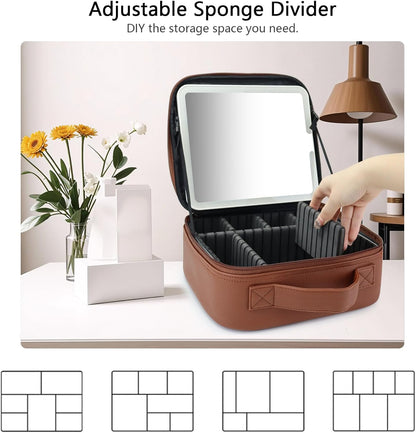 Travel Makeup Bag with LED Mirror Travel Makeup Organizer with 3 Lighted Settings, Adjustable Dividers and Makeup Brush Storage Bag Dark Brown