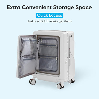 TABU 20" Ride-on Luggage with Seat，Front Opening Carry-On Hardshell Ride On Suitcase with Built-in Charging Port, 360° Lockable Spinner and TSA Lock, for Kids & Adults, White