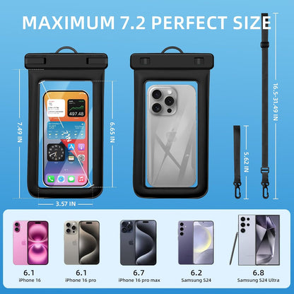 IPX8 Floating Waterproof Phone Case 2-Pack, 7.2 Inch Waterproof Phone Pouch for iPhone 16/15/14 Pro Max Galaxy S24/S23 Adjustable Lanyard + Wrist Strap Beach Swimming Travel Essentials Black