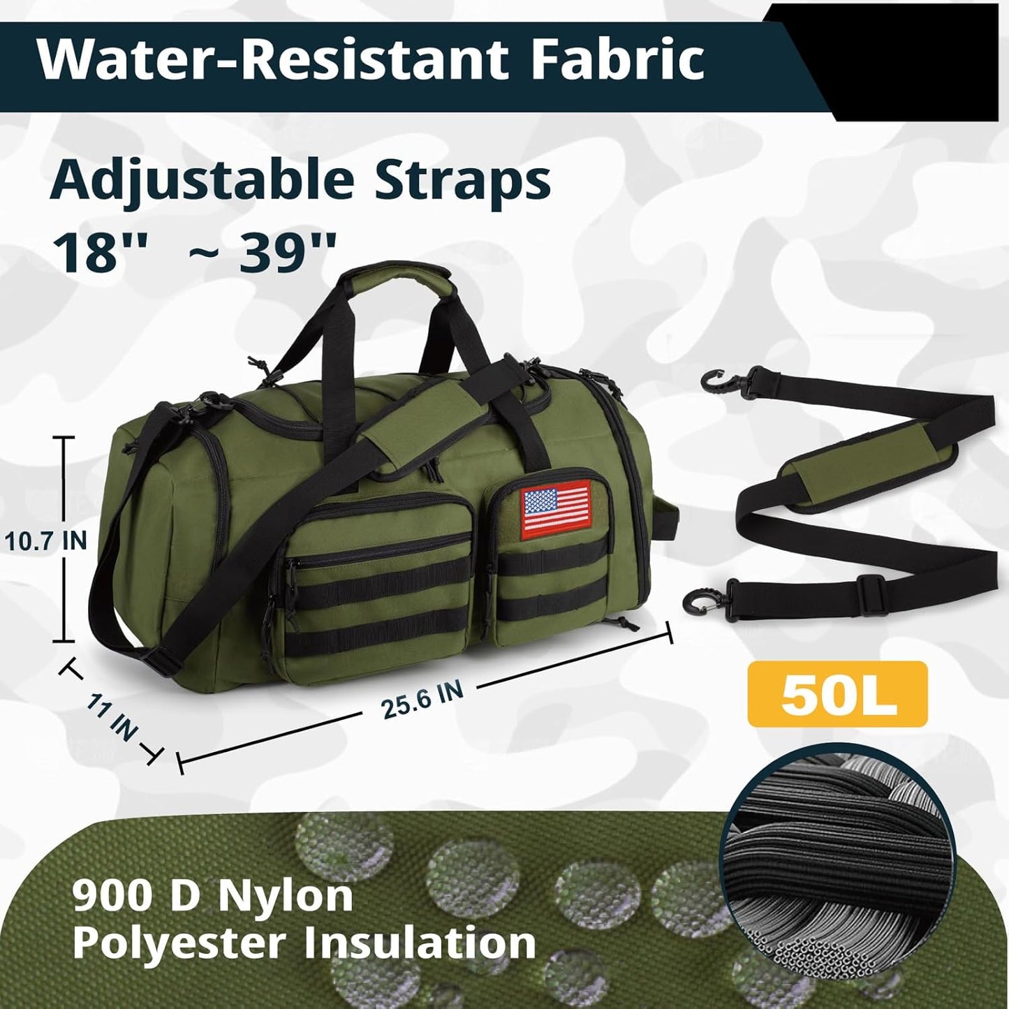 Tactical Gym Bag for Men，50L Large 3 in 1 Sports Duffle Bag with Shoes Compartment for Travel,Water Resistant Travel Backpack Weekender Overnight Bag with Wet Pocket for Women