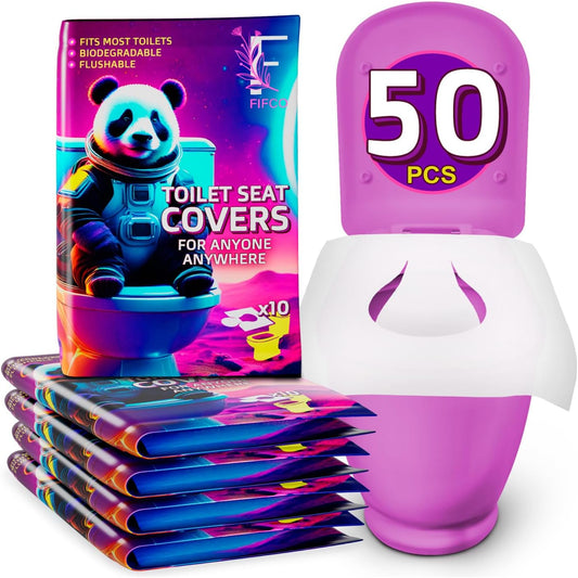 50 Pcs Disposable Toilet Seat Cover - Biodegradable and Flushable Toilet Seat Liners for Public Toilets | Compact One Size Fits All Travel Essentials Toiletries Covers | FIFCO