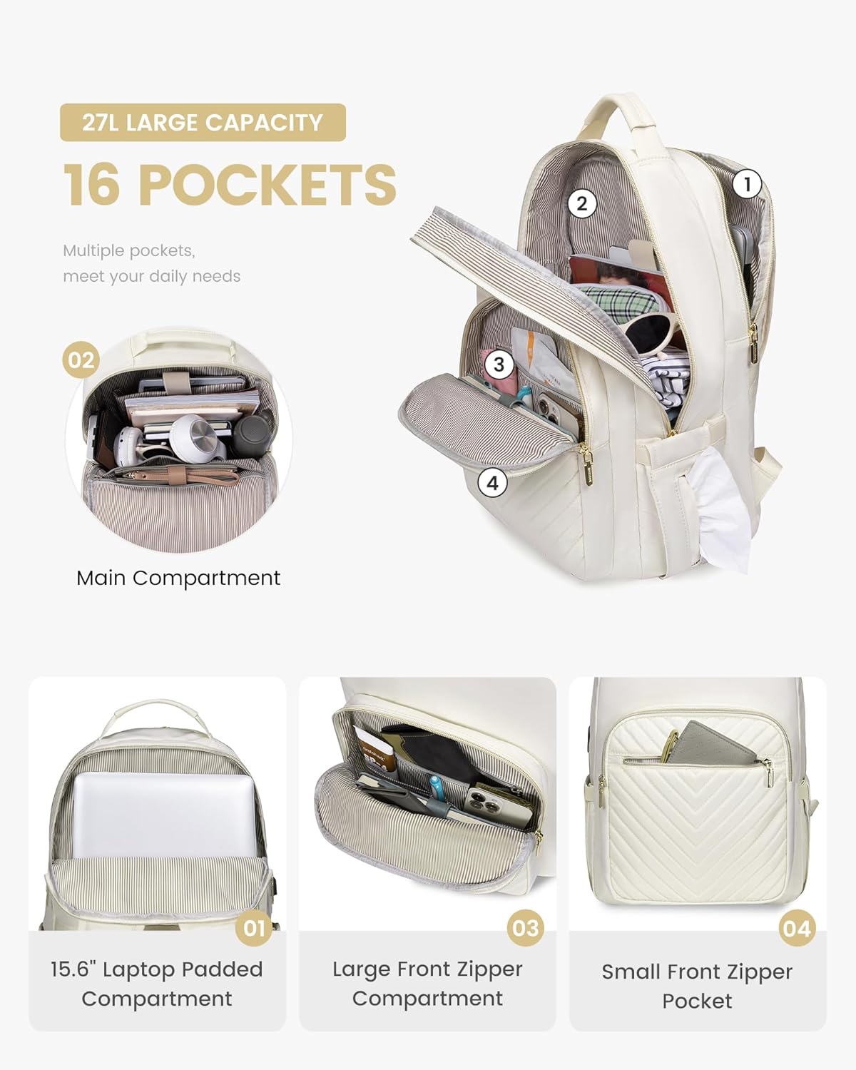 LOVEVOOK Laptop Backpack Purse for Women, Work Travel Computer Bags, College School Backpack for Student Girl, Quilted Casual Daypack with USB Port, Fit 15.6 Inch Laptop, Beige White