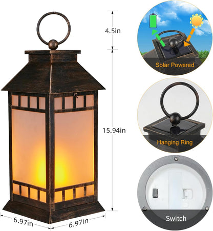 18'' Glass Solar Lantern Outdoor Waterproof, Large Hanging Solar Lanterns with Flickering Flame Lights, Metal Outdoor Lantern Decorative for Patio Garden Backyard Tabletop Mothers Day Gifts Mom