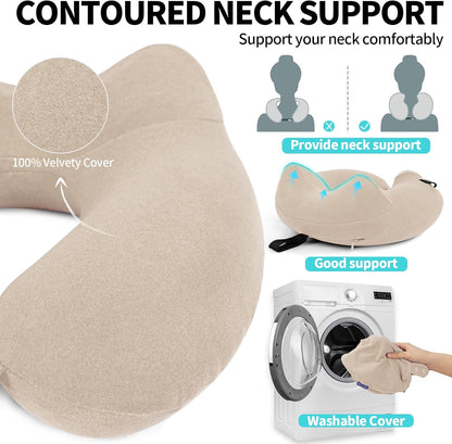 2 Pack Inflatable Travel Neck Pillows for Airplanes, Head Support Velvet Adult Neck Pillows for Long Flight, Kit with Eye Mask, Earplugs and Storage Bag, 2, Beige