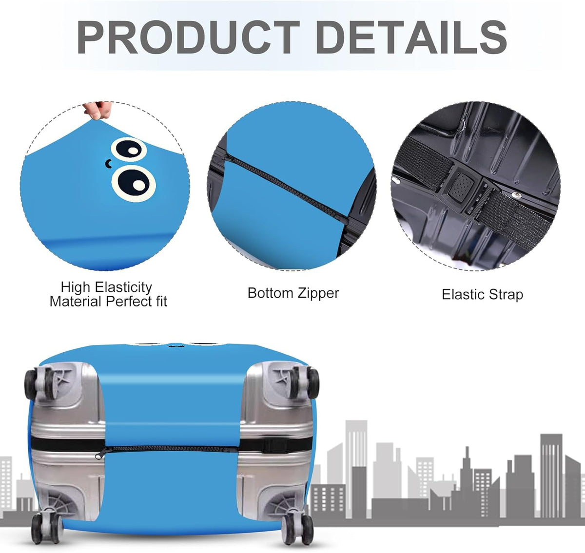 ANNA QUEEN Cute Smiley Face Luggage Cover, Blue Cartoon Suitcase Protector with Big Eyes Design, Stretchable, Washable Travel Cover for 20-22 Inch Luggage