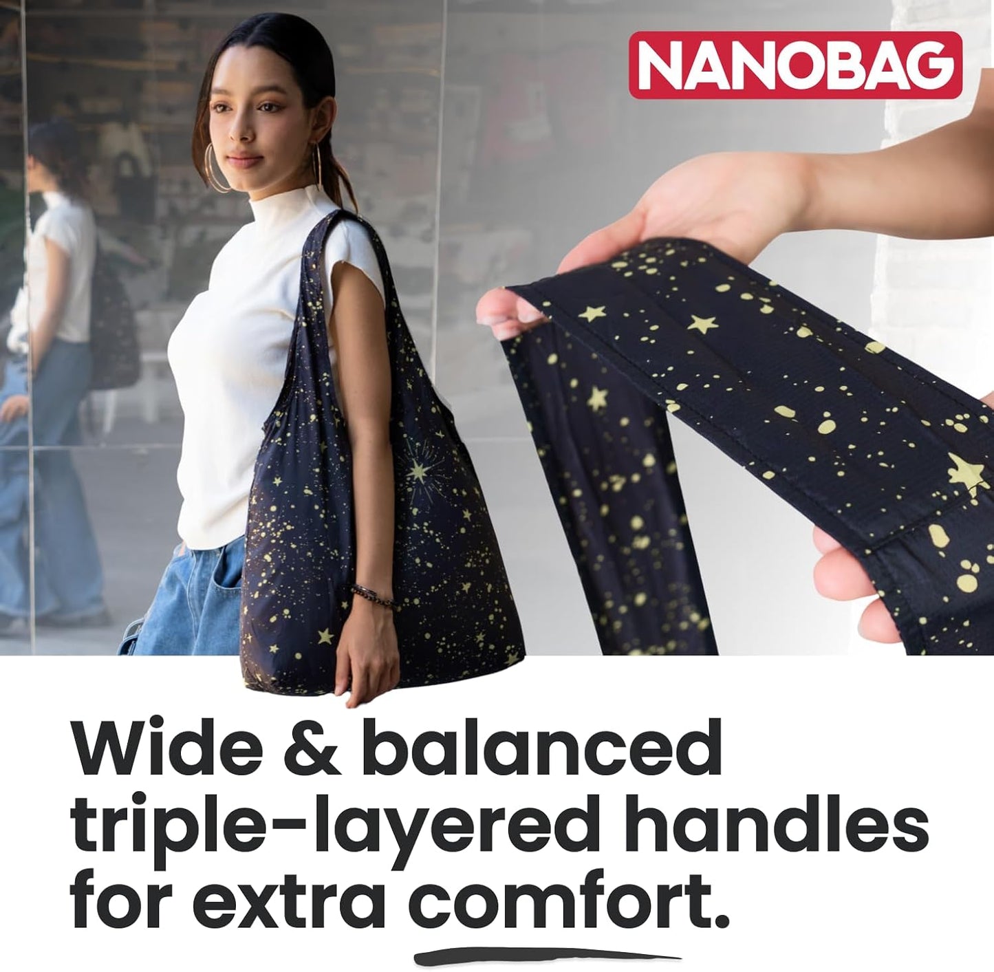 Nanobag Ultra-Lightweight Foldable Sling for Women & Men, Reusable Grocery & Travel Bag, Packable Collapsible Compact Market Crossbody (Sling Black)