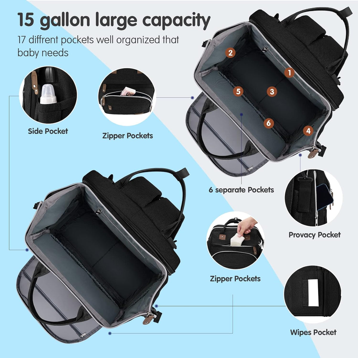 DERJUNSTAR Diaper Bag Backpack, Large Baby Bag with Changing Pad, Thick Padded Back & Straps, Laptop Compartment, Waterproof Travel Backpack with USB Port, Multi-Function for Mom & Dad, Black